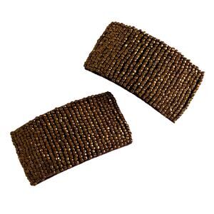 Vintage 50s Brown Bronze Seed Beaded Leather Glam Rectangular Shoe Clips